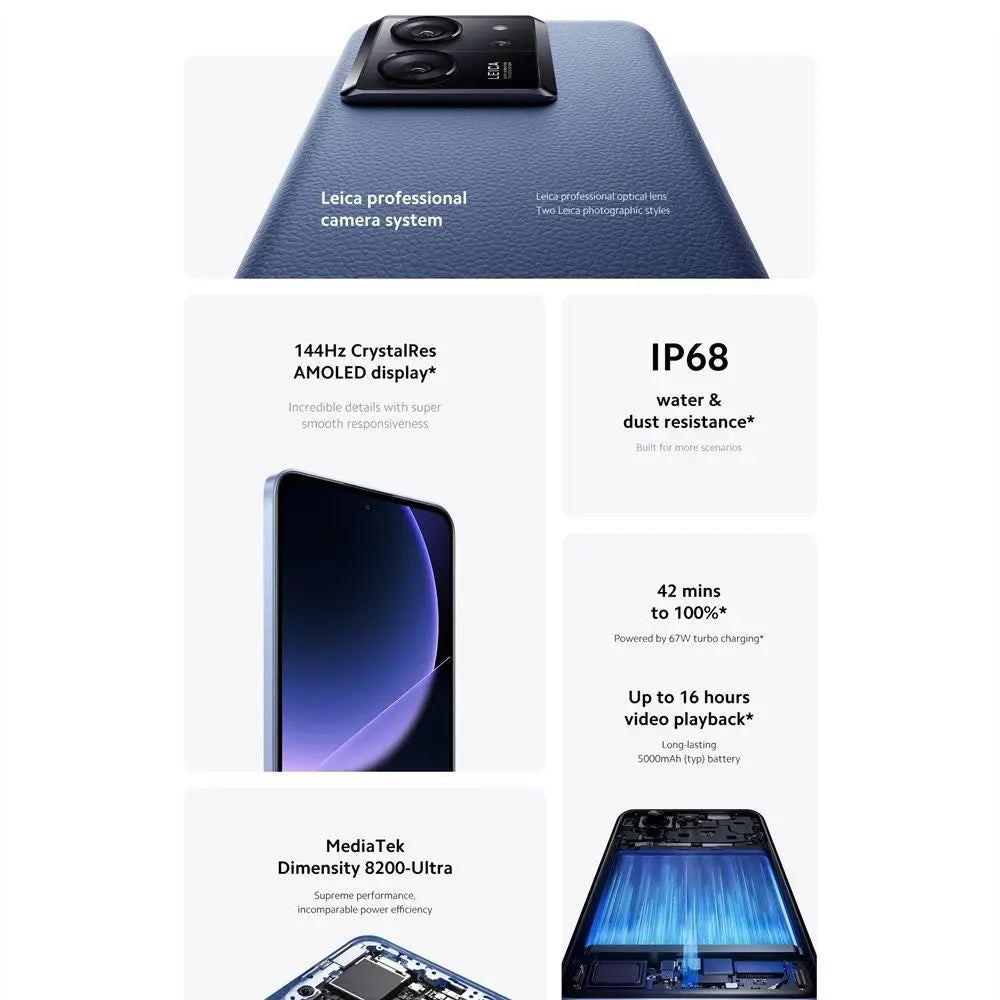 Global Version Xiaomi 13T 50MP Leica Camer 8GB / 12GB 256GB MTK Dimensity 8200-Ultra 5000mAh Turbo Charging 144Hz 6.67" Display