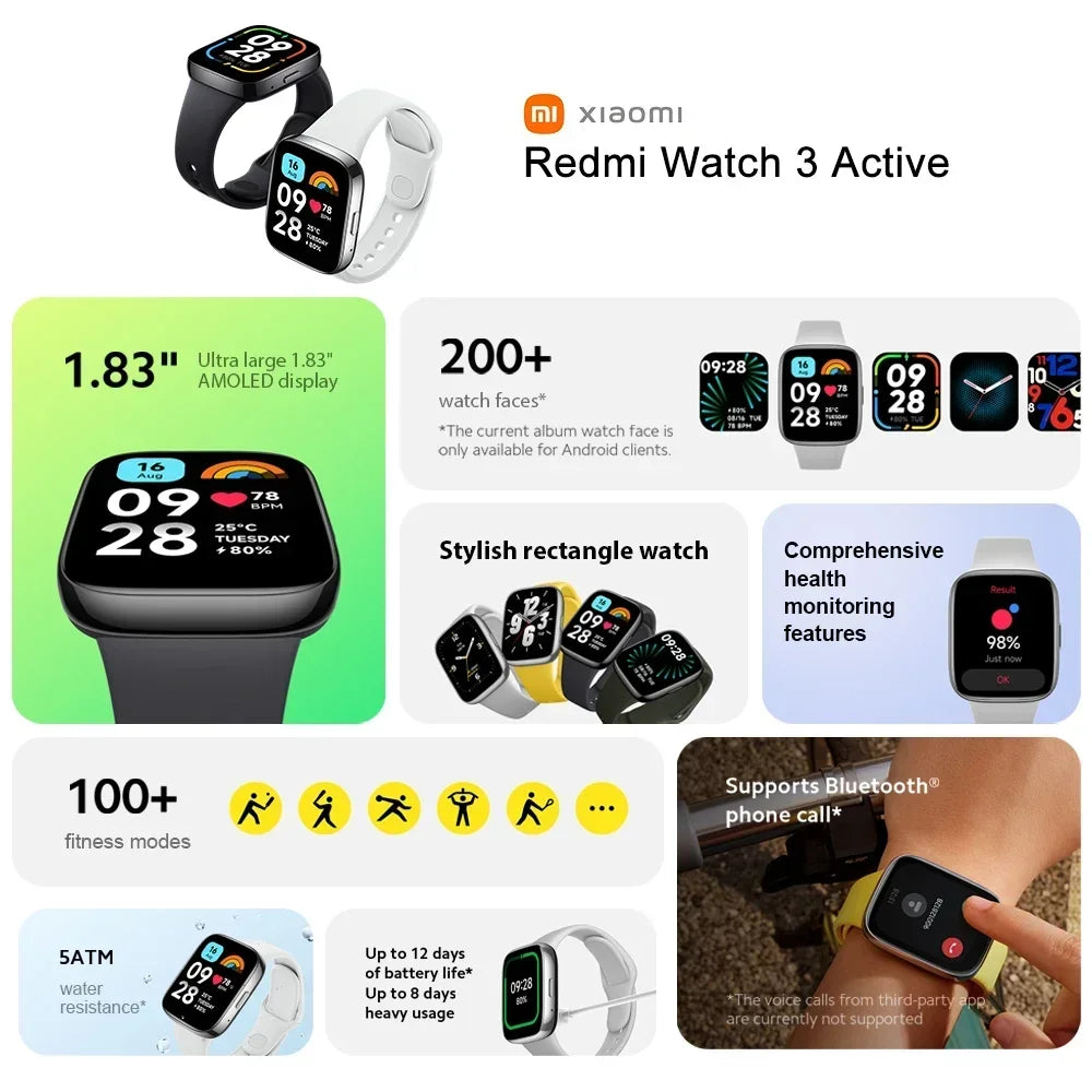 Global Version Xiaomi Redmi Watch 3 Active Bluetooth 5.3 Sport Bracelets 1.83'' LCD Display Blood Oxygen Monitor 5ATM Waterproof