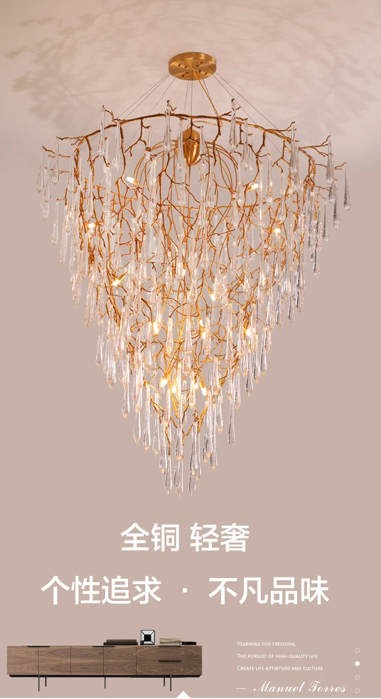 All copper creative personality tree branch glass special-shaped design chandelier villa living room hotel model room chandelier