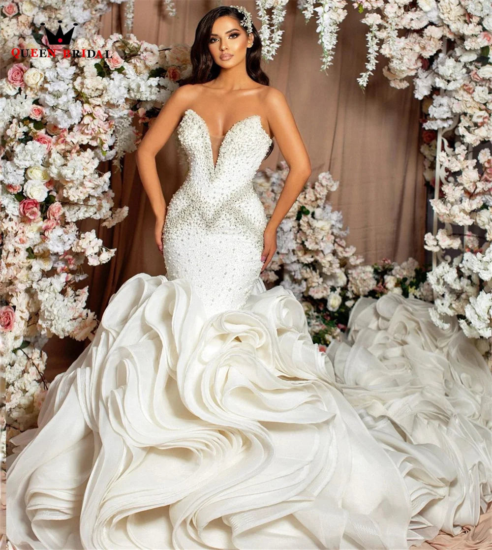 Luxury Mermaid Wedding Dresses Big Train Tulle Lace Crystal Beaded Diamonds Bridal Gown vestidos de novia 2023 Custom Made DZ02