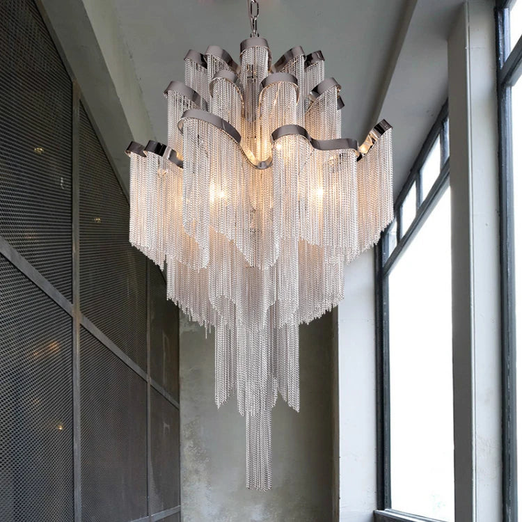 Postmodern luxury chandelier staircase hotel villa aluminum chain personality tassel living room atmospheric chandelier