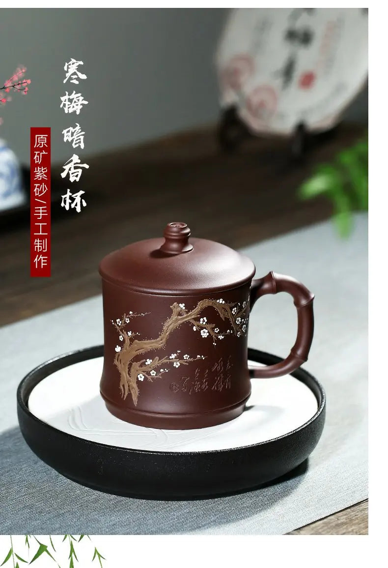 well joy pot 】 yixing purple sand cup ChuLiQiang all hand old purple clay mud painting cold plum fragrance cup 450 cc