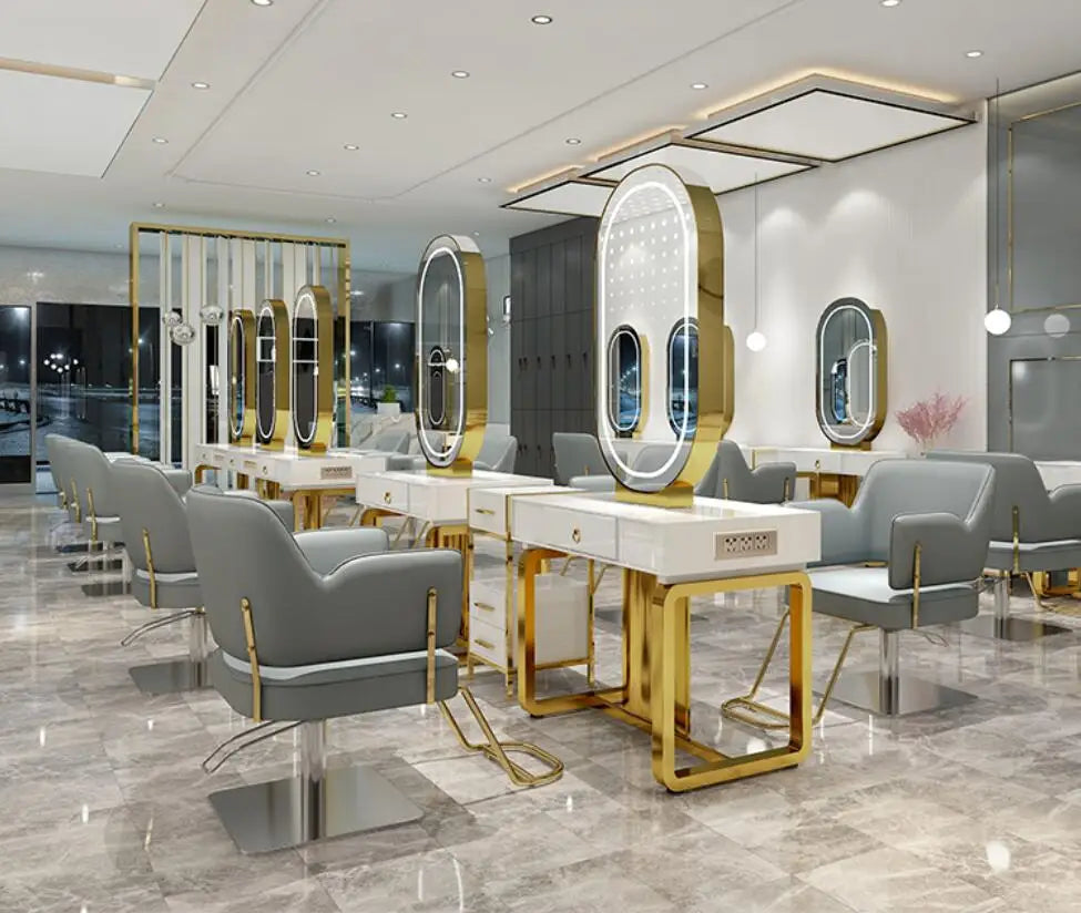 Hairdresser's mirror stand hair salon special solid wood haircut mirror simple barber's table with light