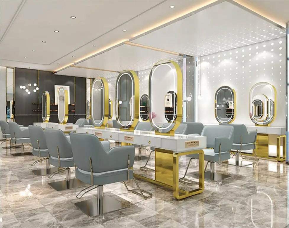 Hairdresser's mirror stand hair salon special solid wood haircut mirror simple barber's table with light