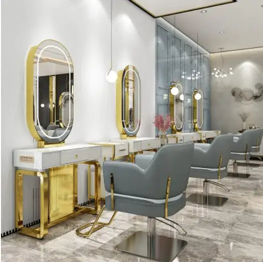 Hairdresser's mirror stand hair salon special solid wood haircut mirror simple barber's table with light