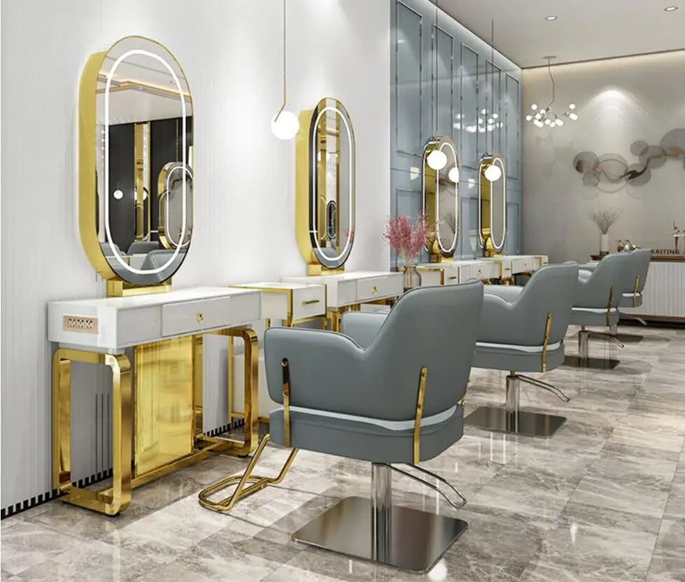 Hairdresser's mirror stand hair salon special solid wood haircut mirror simple barber's table with light