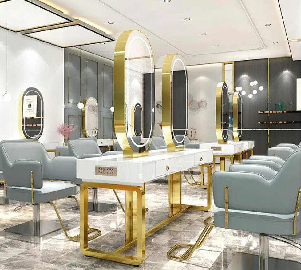 Hairdresser's mirror stand hair salon special solid wood haircut mirror simple barber's table with light