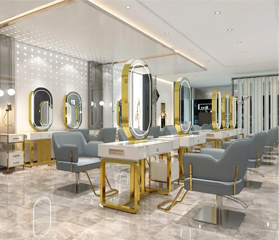 Hairdresser's mirror stand hair salon special solid wood haircut mirror simple barber's table with light