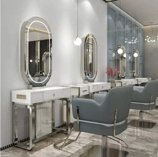 Hairdresser's mirror stand hair salon special solid wood haircut mirror simple barber's table with light