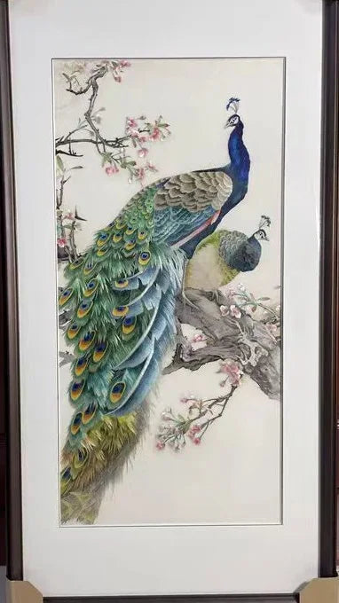 Handmade 100% Mulberry Silk Thread Finished Suzhou Embroidery Not Include Wood Frame ,Beatuy Peacocks 50*100cm