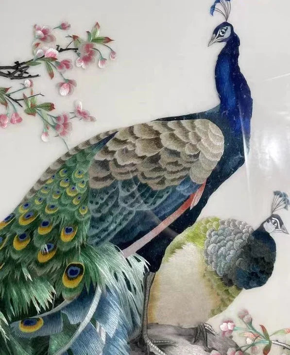 Handmade 100% Mulberry Silk Thread Finished Suzhou Embroidery Not Include Wood Frame ,Beatuy Peacocks 50*100cm