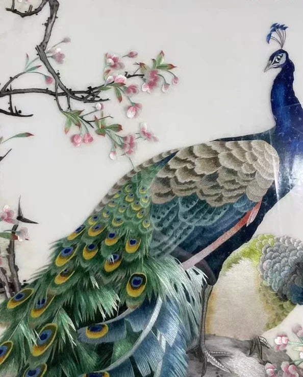 Handmade 100% Mulberry Silk Thread Finished Suzhou Embroidery Not Include Wood Frame ,Beatuy Peacocks 50*100cm