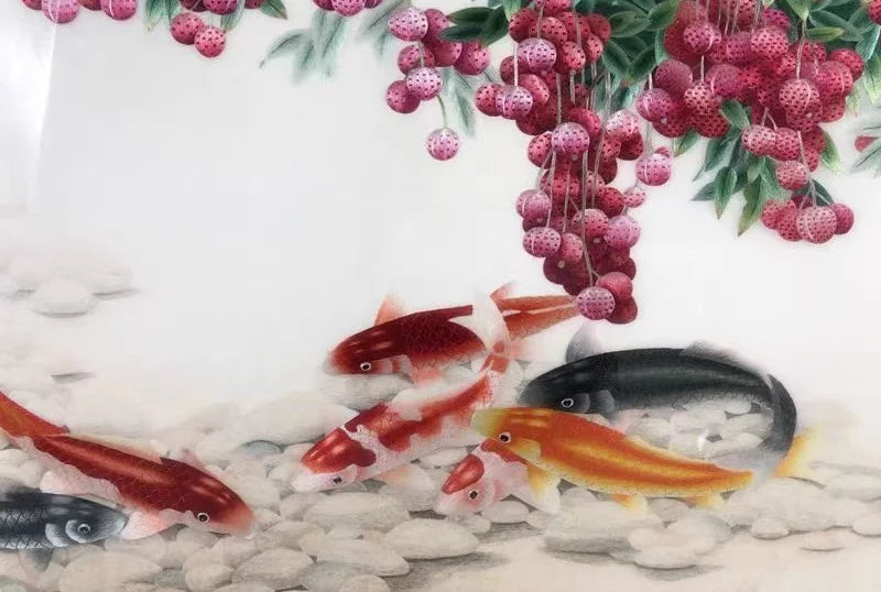 Handmade 100% Mulberry Silk Thread Finished Suzhou Embroidery not include frame ,Lychee and carp 50*100cm