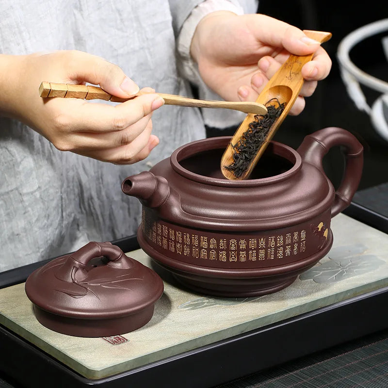 Handmade Large Large-Capacity Rotating Purple Clay Pot Famous Home Moon Red Tea Set Household Double-Line Bamboo Drum Pot