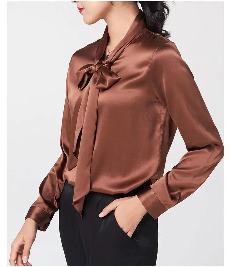 Heavyweight Mulberry Silk Shirt Women's 2023 Spring and Autumn New Long Sleeve Satin Silk Blouse V-neck Bow Ribbon Shirt