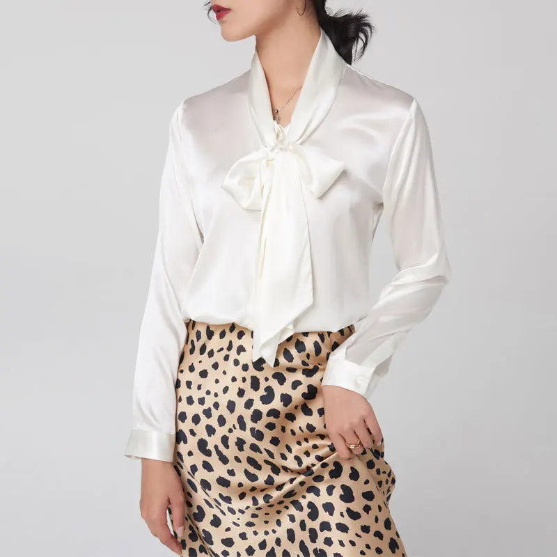 Heavyweight Mulberry Silk Shirt Women's 2023 Spring and Autumn New Long Sleeve Satin Silk Blouse V-neck Bow Ribbon Shirt
