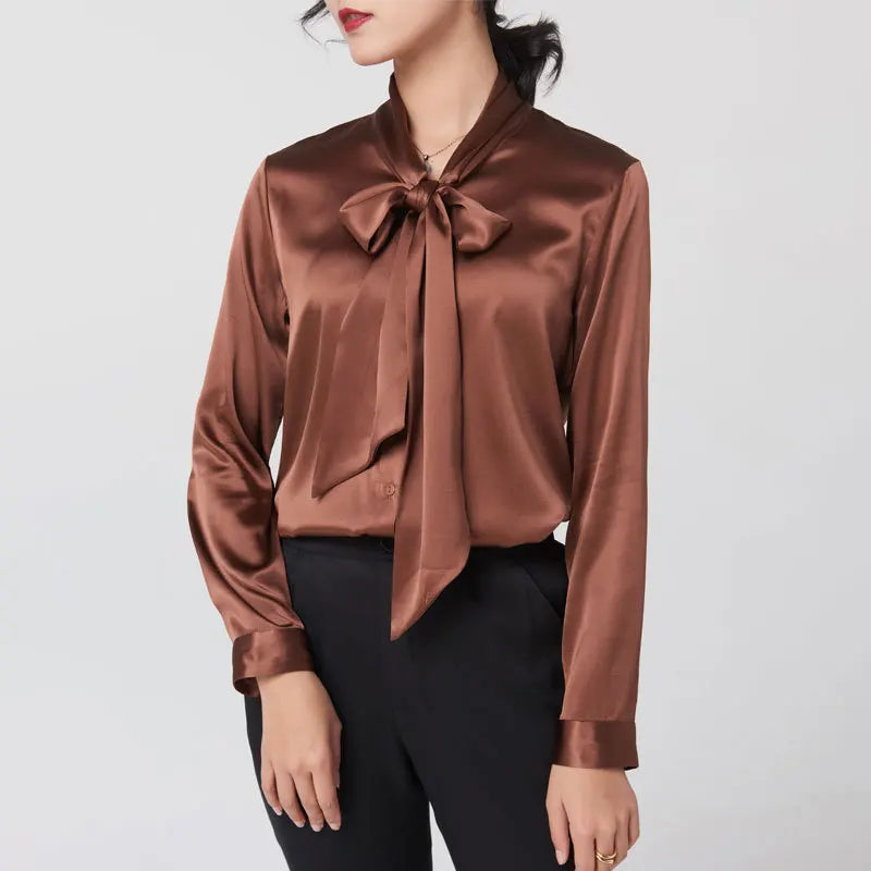 Heavyweight Mulberry Silk Shirt Women's 2023 Spring and Autumn New Long Sleeve Satin Silk Blouse V-neck Bow Ribbon Shirt