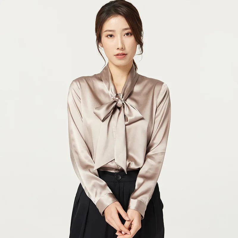 Heavyweight Mulberry Silk Shirt Women's 2023 Spring and Autumn New Long Sleeve Satin Silk Blouse V-neck Bow Ribbon Shirt