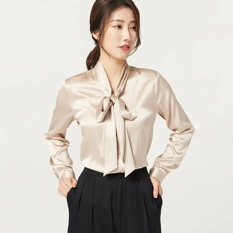 Heavyweight Mulberry Silk Shirt Women's 2023 Spring and Autumn New Long Sleeve Satin Silk Blouse V-neck Bow Ribbon Shirt