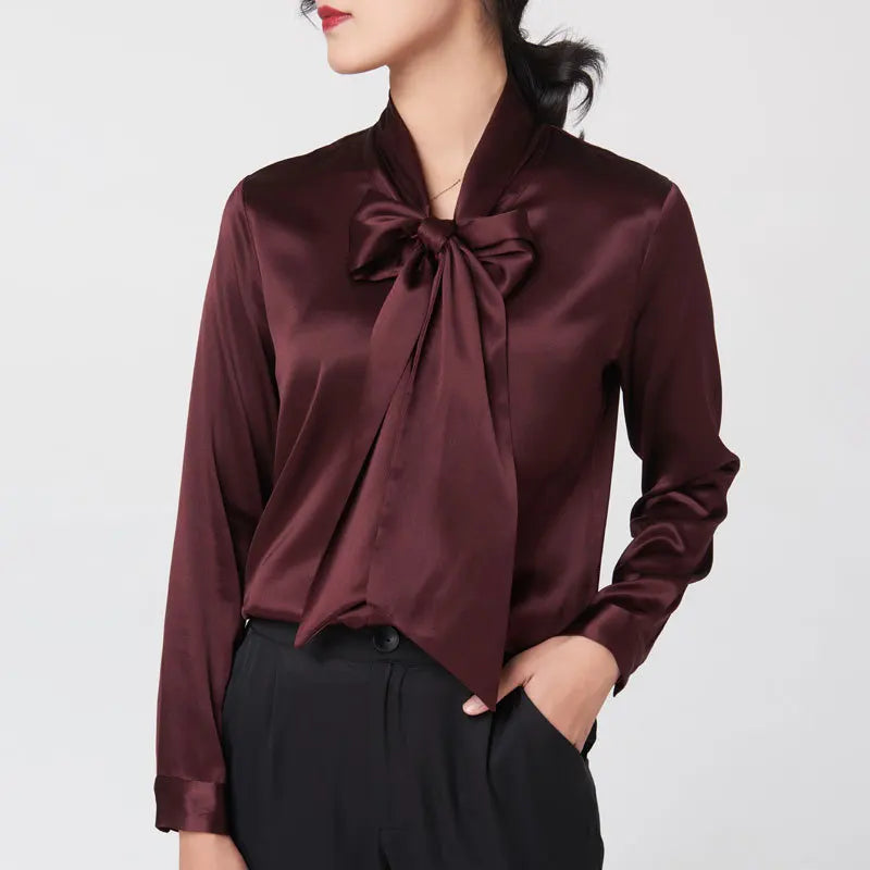 Heavyweight Mulberry Silk Shirt Women's 2023 Spring and Autumn New Long Sleeve Satin Silk Blouse V-neck Bow Ribbon Shirt