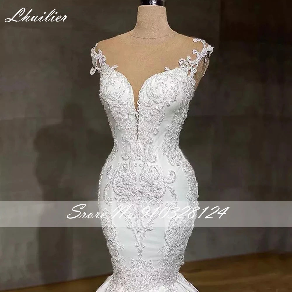 Lhuilier Luxury Women's Sleeveless Mermaid Wedding Dresses Crystal Beaded Floor Length Bridal Dress Sweep Train