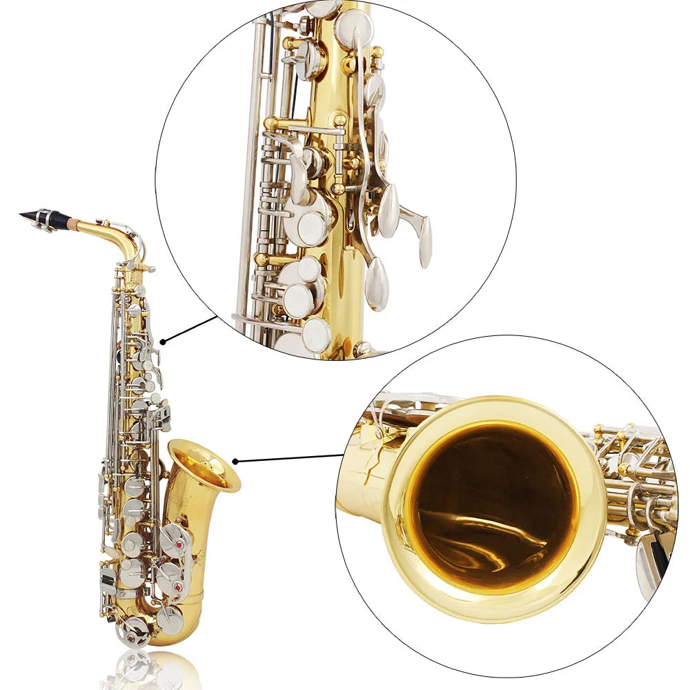 High Quality Brass Eb E-Flat alto Saxophone Sax Glossy Engraved Natural White Shell Button Wind Instrument with Hardshell Case