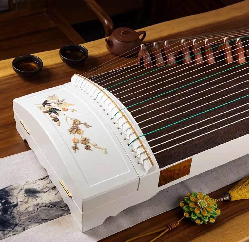 High-end Natural Shells White Carving Guzheng Pattern Handmade Inlay Zither Chinese 21 Strings Music Instrumment