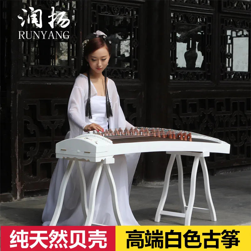 High-end Natural Shells White Carving Guzheng Pattern Handmade Inlay Zither Chinese 21 Strings Music Instrumment