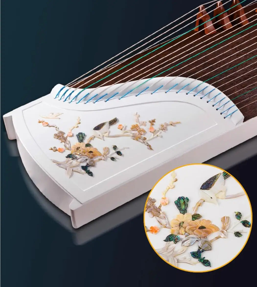 High-end Natural Shells White Carving Guzheng Pattern Handmade Inlay Zither Chinese 21 Strings Music Instrumment