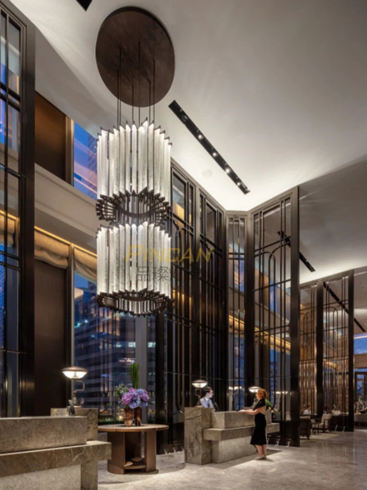 High-end atmosphere crystal ceiling lamp simple glass chandelier super long custom villa duplex building hollow loft lighting