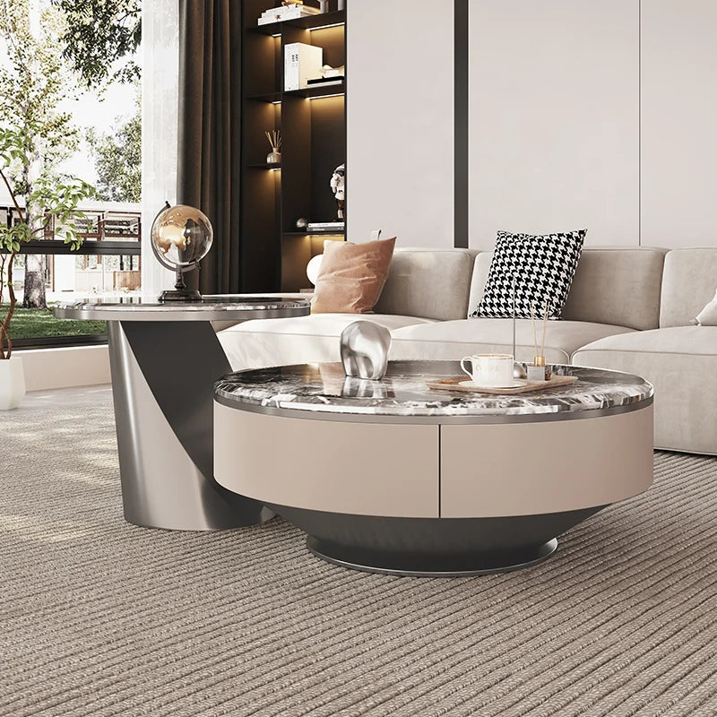 Italian light luxury modern simple stone slate coffee table round size combination microcrystalline living room stainless steel