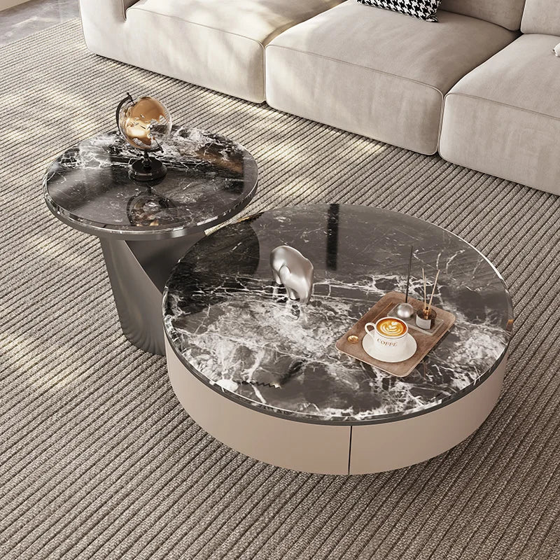 Italian light luxury modern simple stone slate coffee table round size combination microcrystalline living room stainless steel