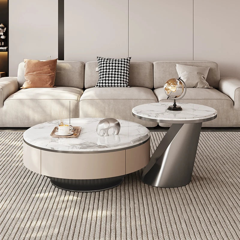 Italian light luxury modern simple stone slate coffee table round size combination microcrystalline living room stainless steel