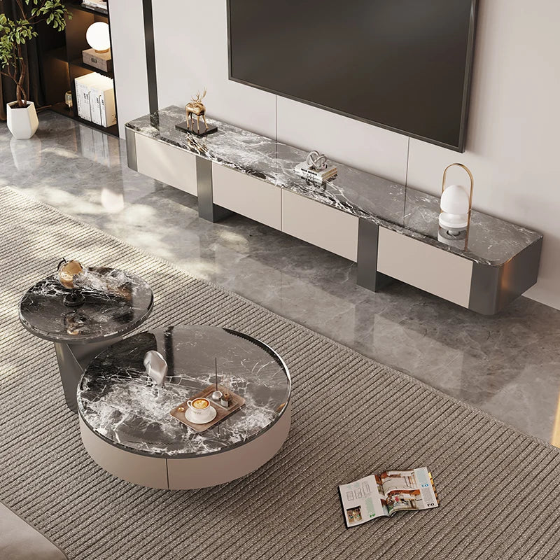 Italian light luxury modern simple stone slate coffee table round size combination microcrystalline living room stainless steel