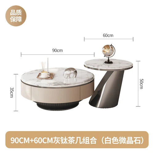 Italian light luxury modern simple stone slate coffee table round size combination microcrystalline living room stainless steel