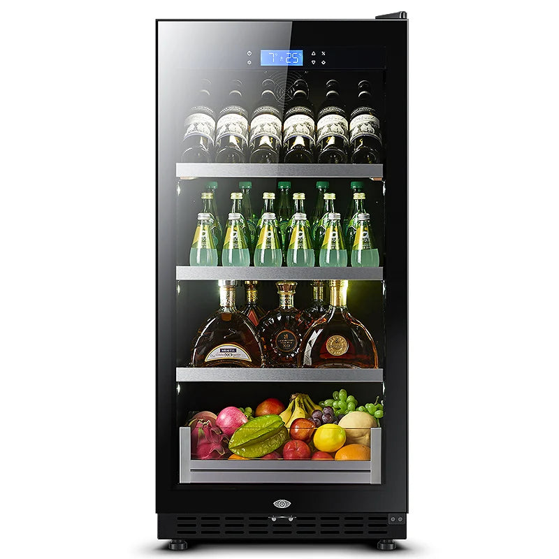 LED Under Counter Wine Fridge Black Wine Cooler LED Light & Lock & Key Glass Door Drinks Cellar Single Zone 72 Bottle 208 Litre