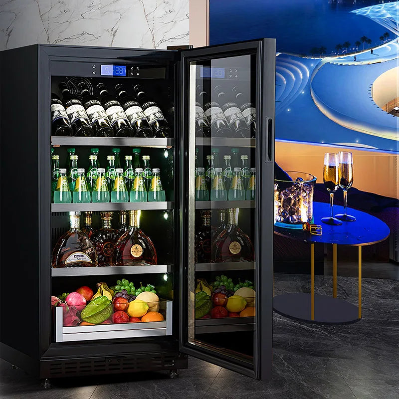 LED Under Counter Wine Fridge Black Wine Cooler LED Light & Lock & Key Glass Door Drinks Cellar Single Zone 72 Bottle 208 Litre