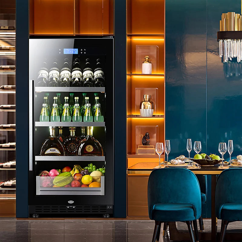LED Under Counter Wine Fridge Black Wine Cooler LED Light & Lock & Key Glass Door Drinks Cellar Single Zone 72 Bottle 208 Litre