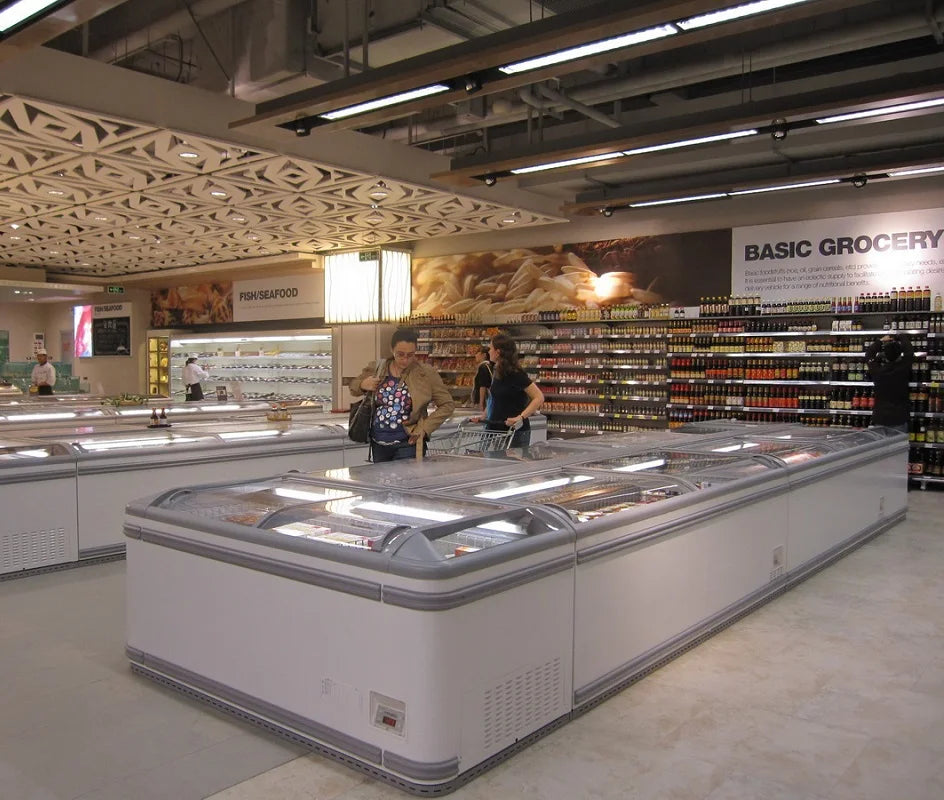 Large Capacity Refrigerator Showcase Curved Glass Door Supermarket Combined Chest Island Freezer