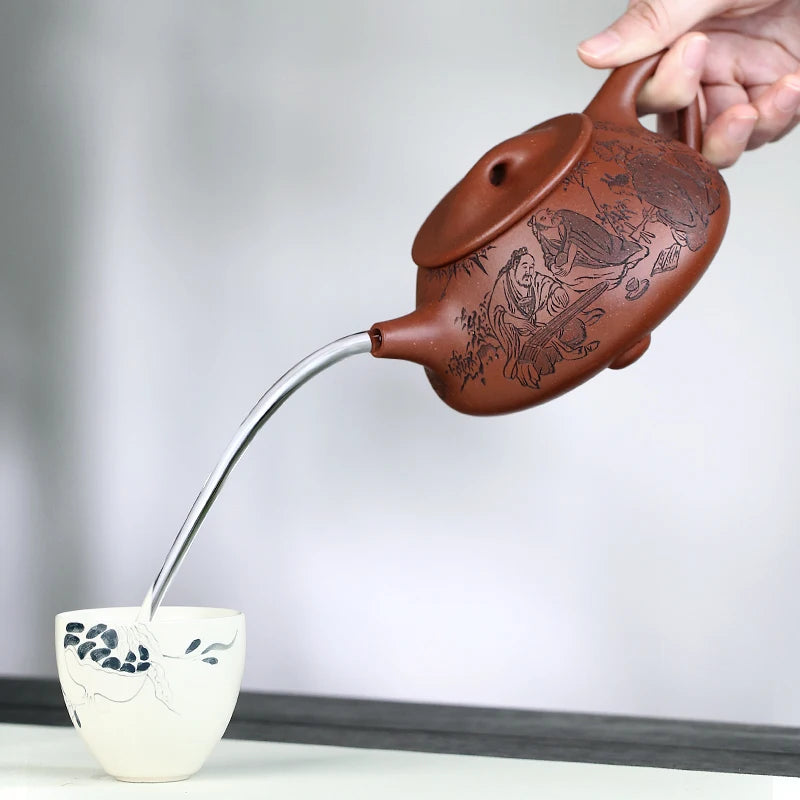 Large Capacity Yixing Purple Sand Pot, Descending Slope Mud, Fully Handmade Tea Pure Handcarved Bamboo Forest Seven Sages