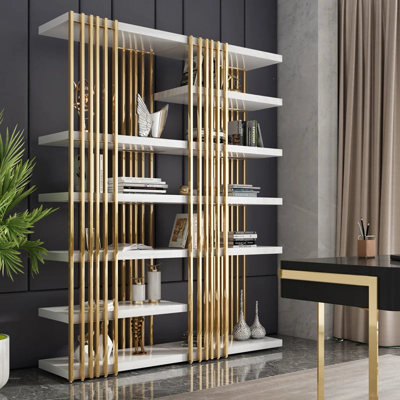 Light Luxury Bookshelf Simple Stainless Steel Bookcase Office Display Stand Floor Living Room Multi-Layer Metal Shelf