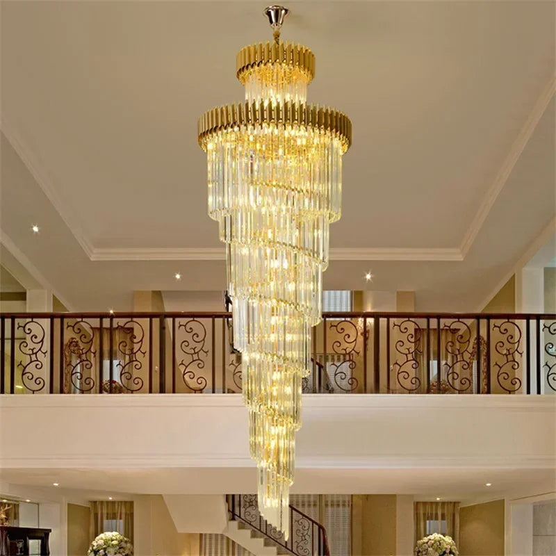 Light Luxury Crystal Chandelier High-grade Villa Duplex Hollow Building In The Building Rotating Staircase Long Pendant Light