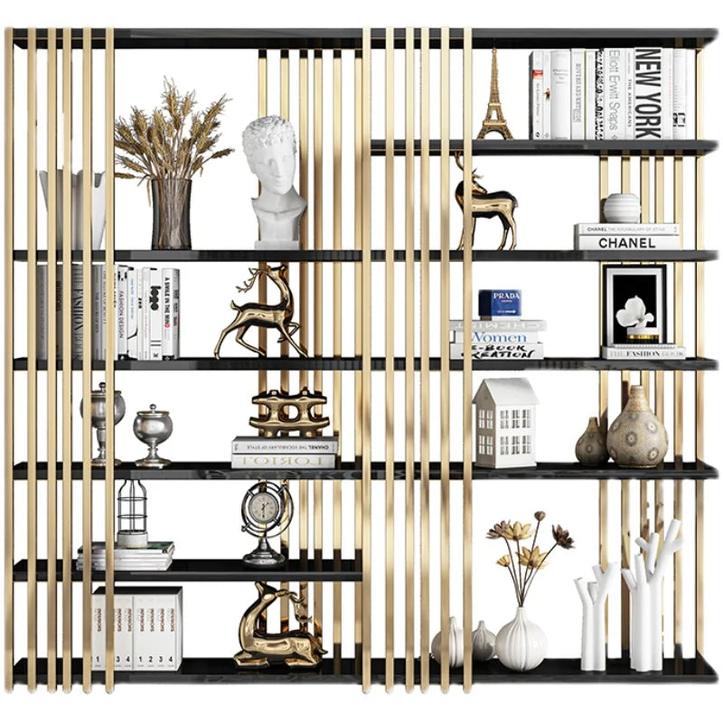 Light luxury bookshelf, stainless steel bookshelf, decorative display rack, floor mounted Bogu rack, living room partition, meta