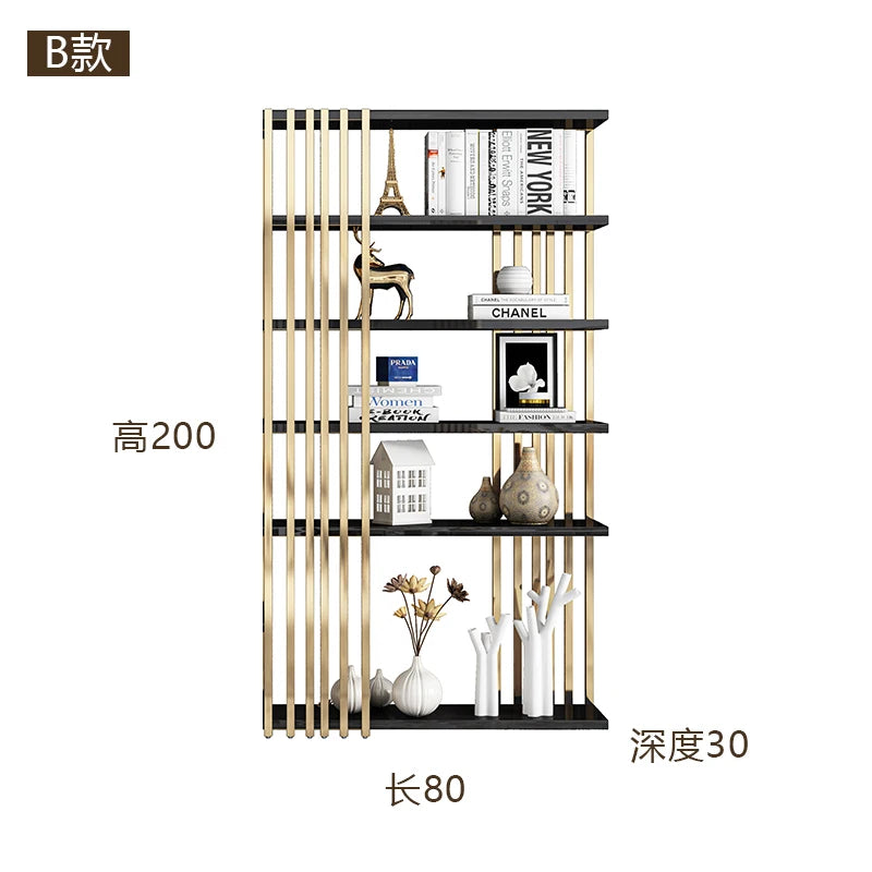 Light luxury bookshelf, stainless steel bookshelf, decorative display rack, floor mounted Bogu rack, living room partition, meta