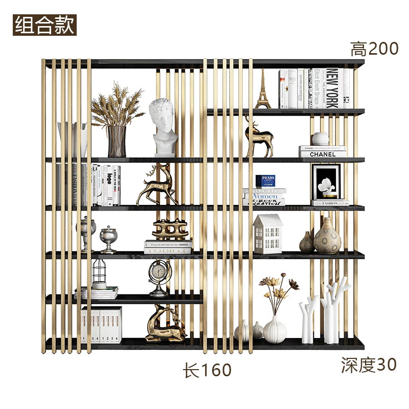 Light luxury bookshelf, stainless steel bookshelf, decorative display rack, floor mounted Bogu rack, living room partition, meta