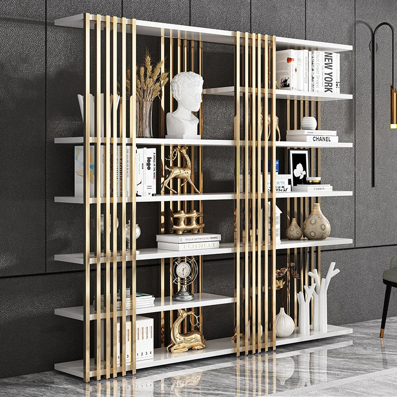 Light luxury bookshelf, stainless steel bookshelf, decorative display rack, floor mounted Bogu rack, living room partition, meta