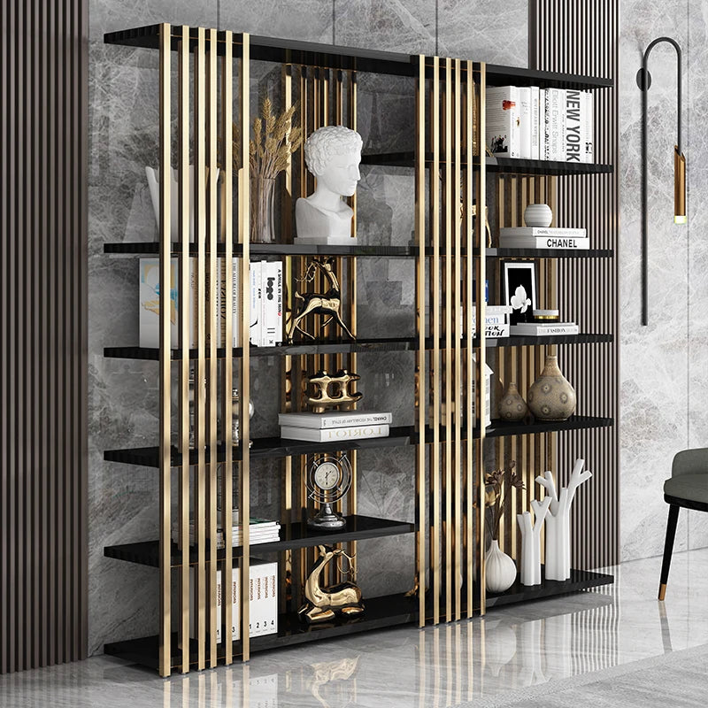 Light luxury bookshelf, stainless steel bookshelf, decorative display rack, floor mounted Bogu rack, living room partition, meta