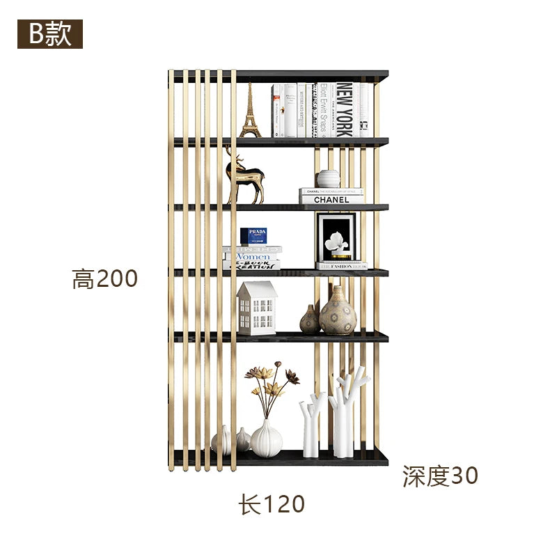Light luxury bookshelf, stainless steel bookshelf, decorative display rack, floor mounted Bogu rack, living room partition, meta