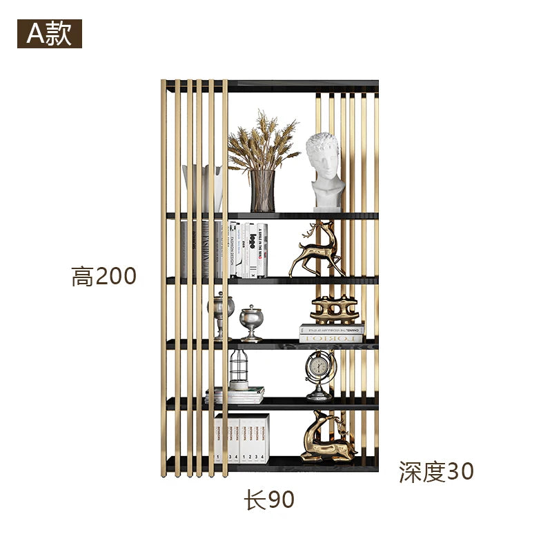Light luxury bookshelf, stainless steel bookshelf, decorative display rack, floor mounted Bogu rack, living room partition, meta