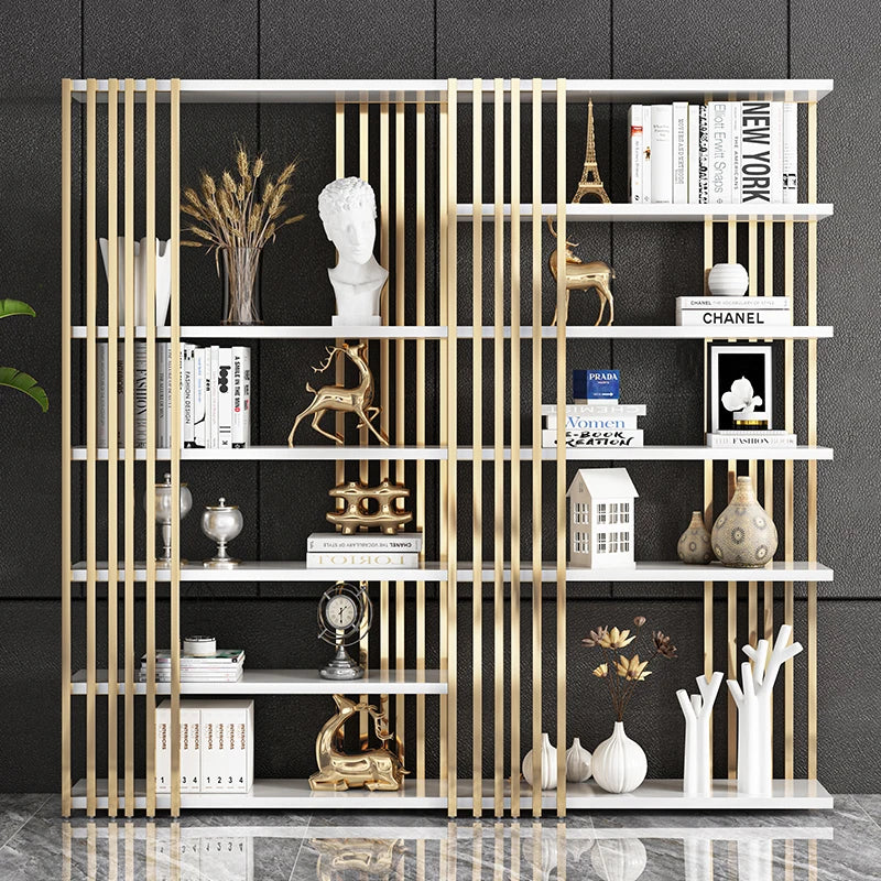 Light luxury bookshelf, stainless steel bookshelf, decorative display rack, floor mounted Bogu rack, living room partition, meta